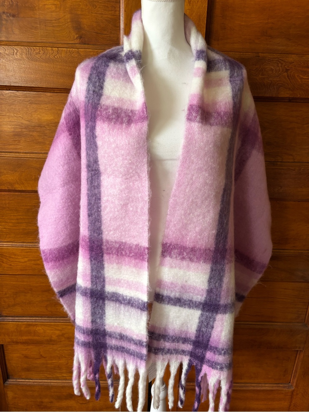 Steve Madden Cozy Purple and Pink Plaid Mohair-Blend Wrap Scarf